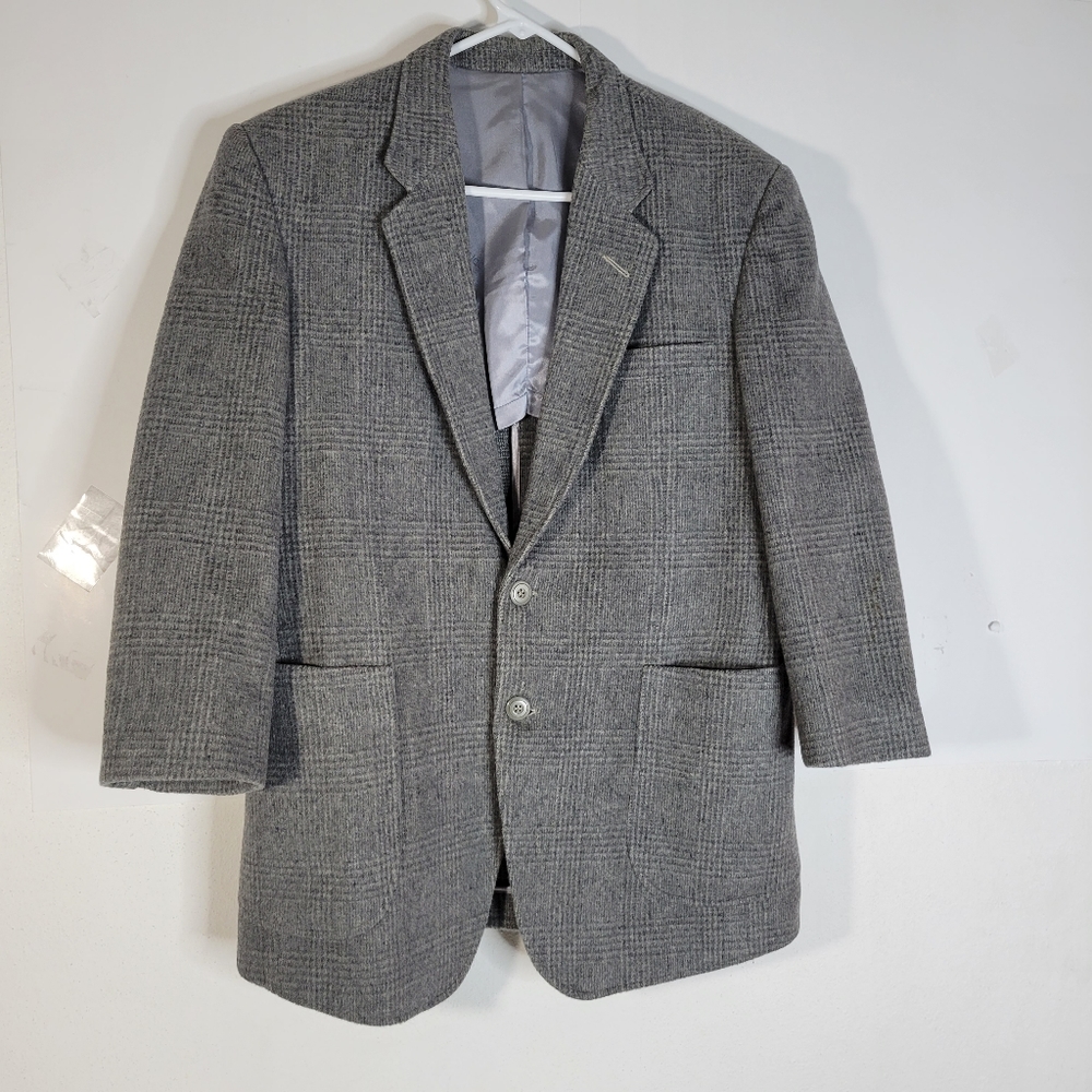 Mens Han Kook Wool Gray Plaid Wool 2 button Blazer Sleeve 29" Back Length 28.5